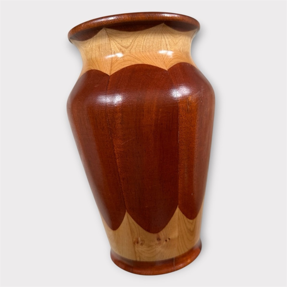 Vintage Large Handcrafted Two-Tone Wooden Decorative Vase signed by artist